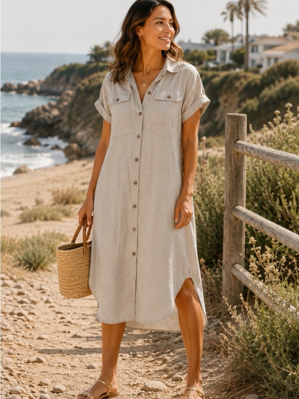 Kaktus Linen Beige Tan Shirt Dress Maxi Long Coastal Boho Lagenlook Minimalist